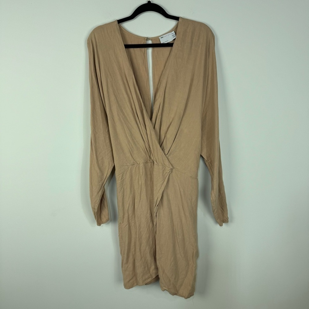 Asos Tan Long Sleeve Faux Wrap Plunge V Neck Mini Dress Neutral Minimalist